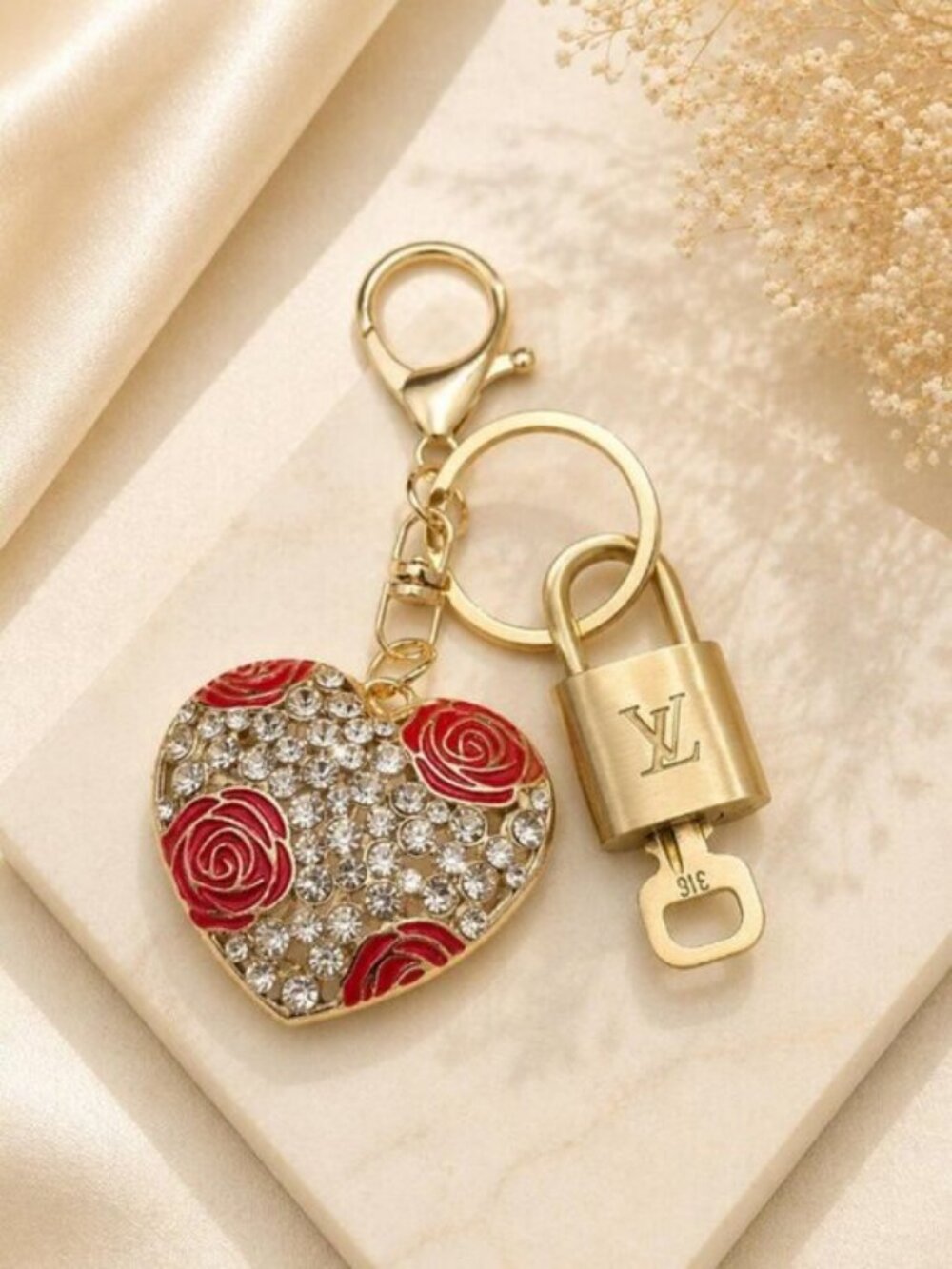 Louis Vuitton Authentic Gold Padlock 🔒Key + Unbranded Heart Keychain Bag Charm